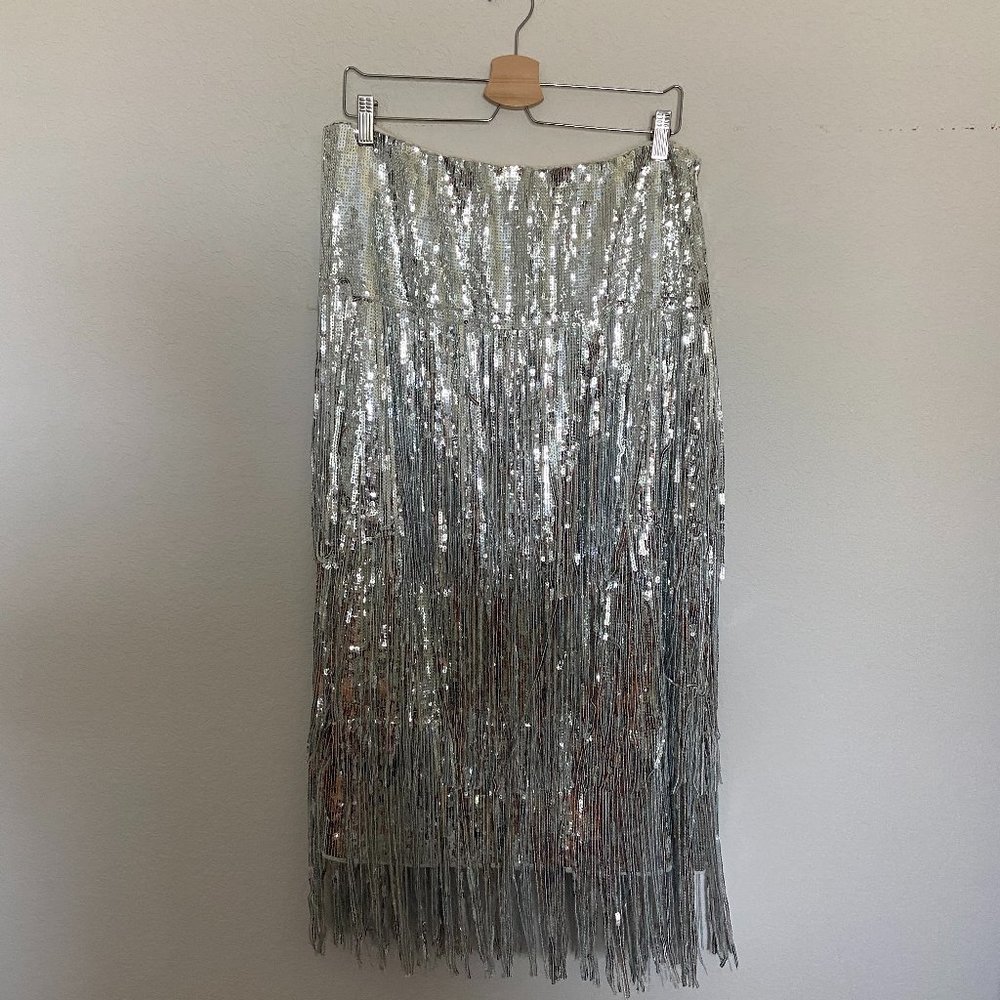 Anthropologie Plus Maeve Tatiana Sequined Fringe Midi Skirt